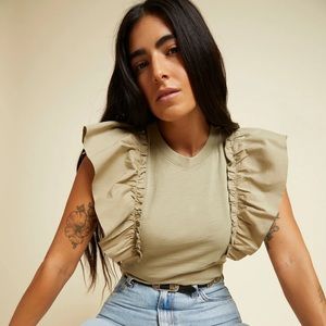 Nation LTD Para Boxy Tee in Safari Ruffle Ruched Moss NWOT Designer